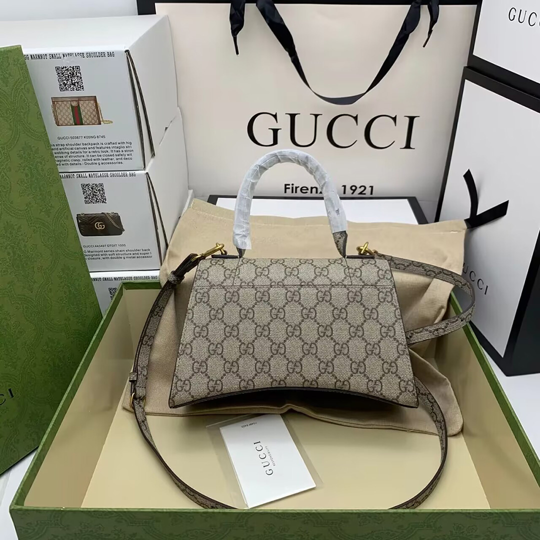 BALENCIAGA X GUCCI GG Supreme Monogram Small Hourglass Top Handle Bag Beige Ebony