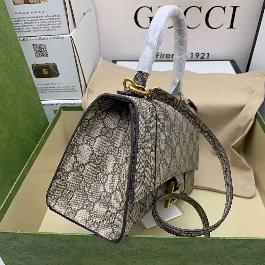 BALENCIAGA X GUCCI GG Supreme Monogram Small Hourglass Top Handle Bag Beige Ebony