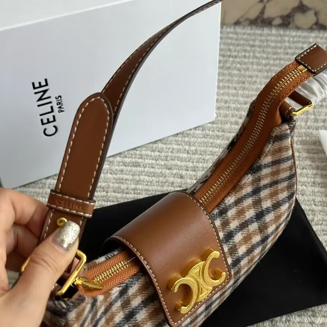 CEline AVA TRIOMPHE Medium Checked Fabric Wagyu Leather Handbag