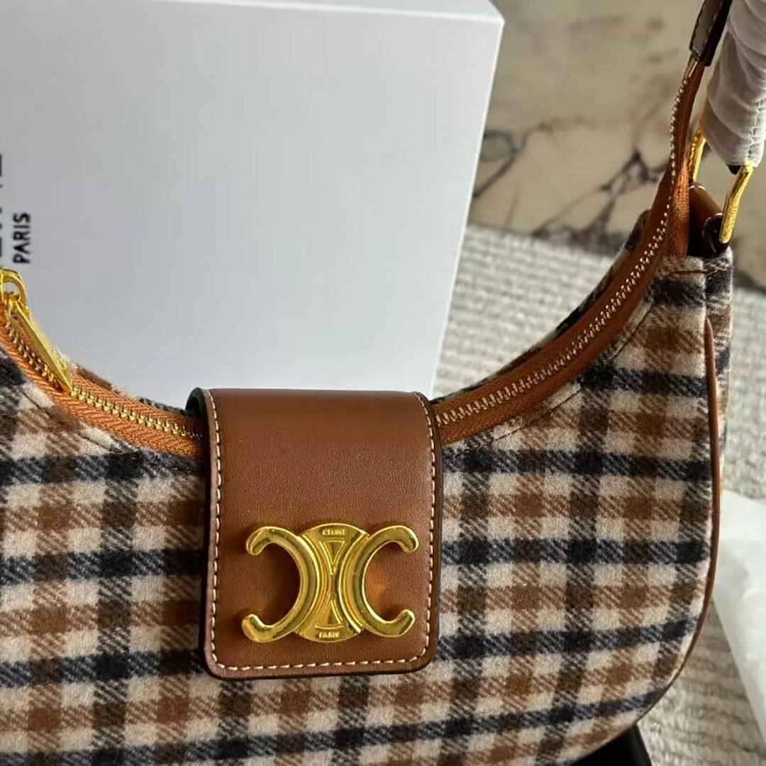 CEline AVA TRIOMPHE Medium Checked Fabric Wagyu Leather Handbag